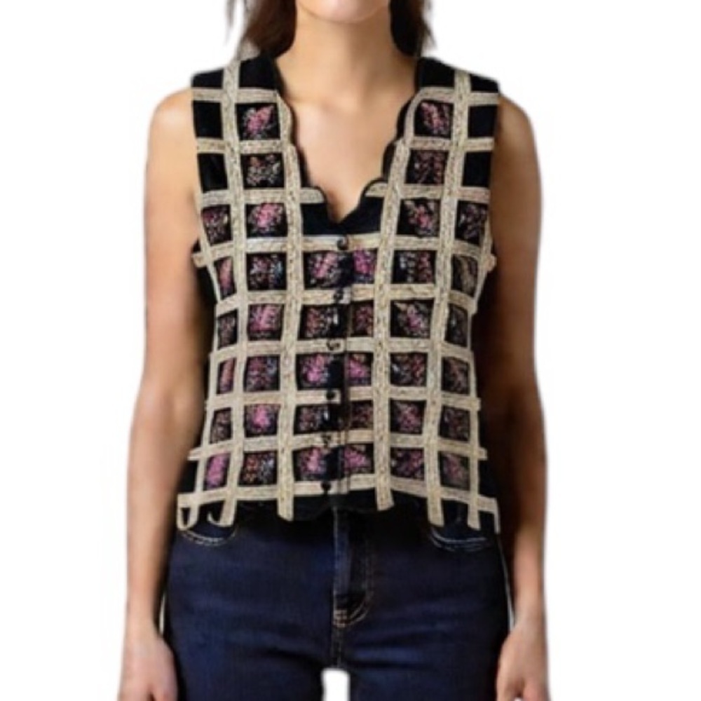 Vintage Boho velvet floral embroidered vest size M